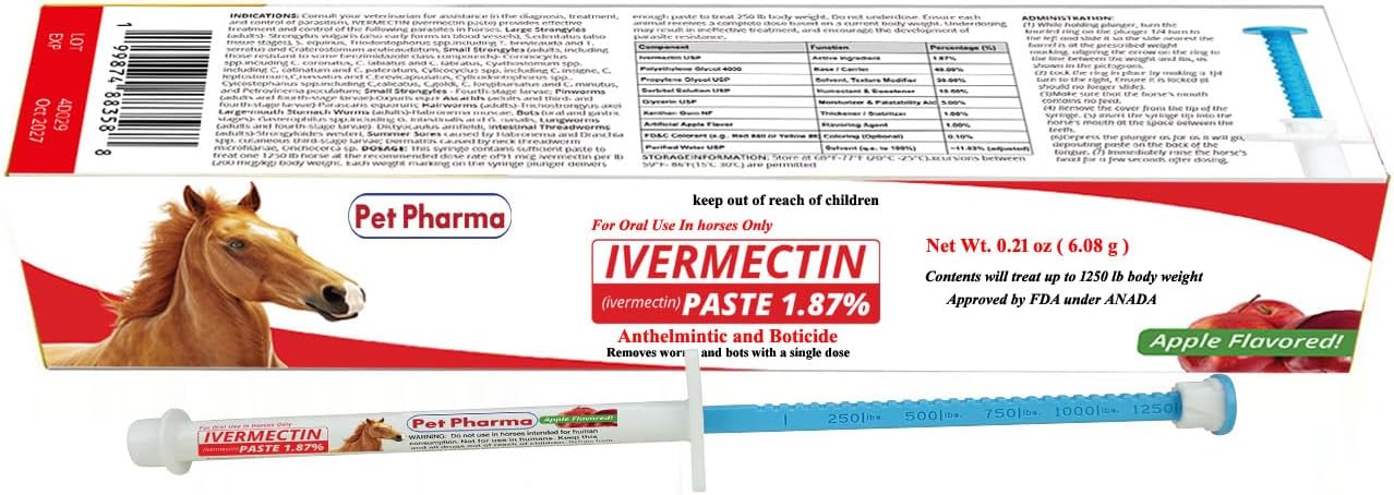 PetPharma Ivermectin Paste 1.87% box and calibrated dosing syringe