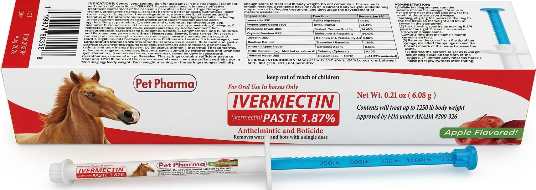 PetPharma Ivermectin Paste 1.87% box and calibrated dosing syringe